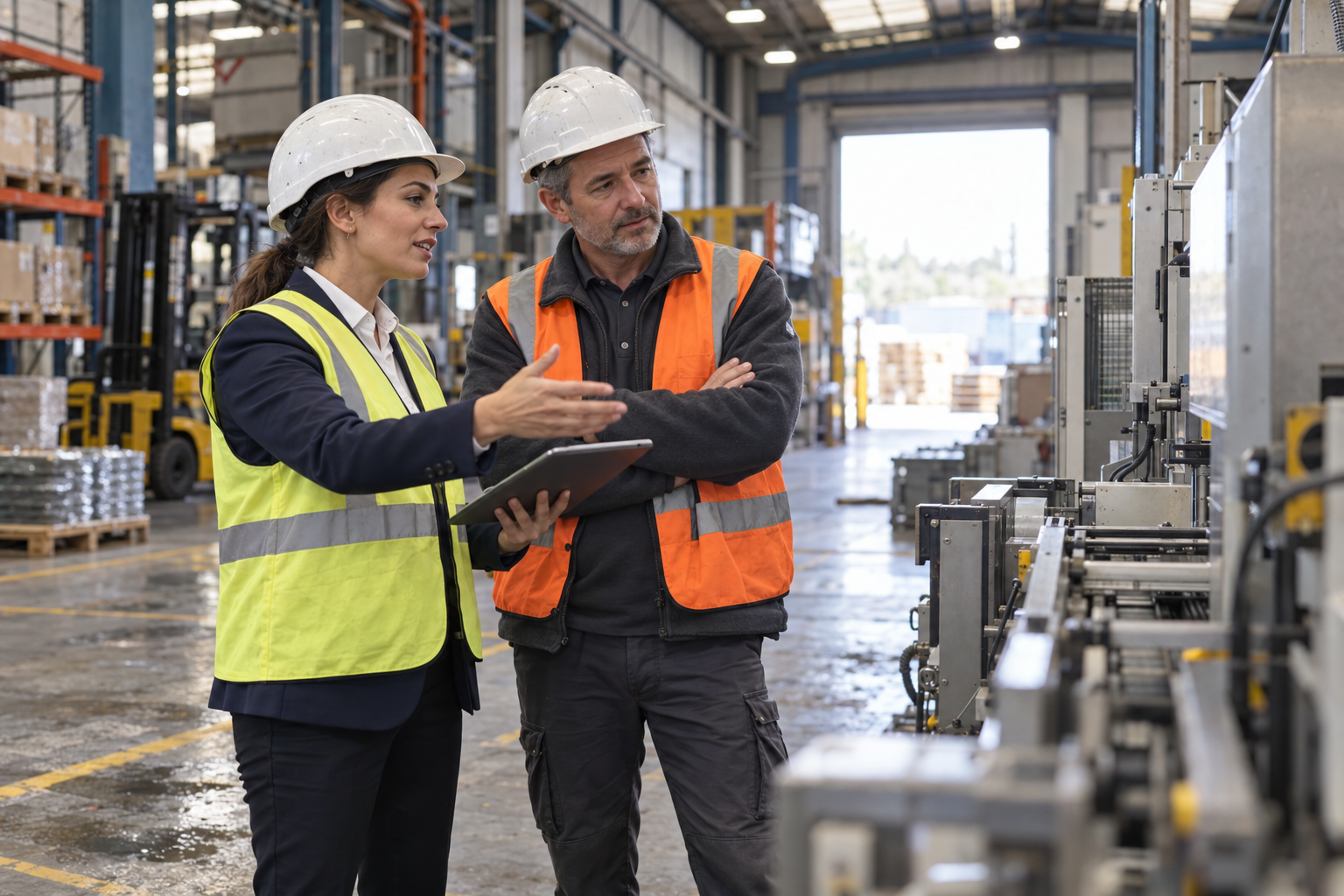 Comercial con un cliente en una planta industrial